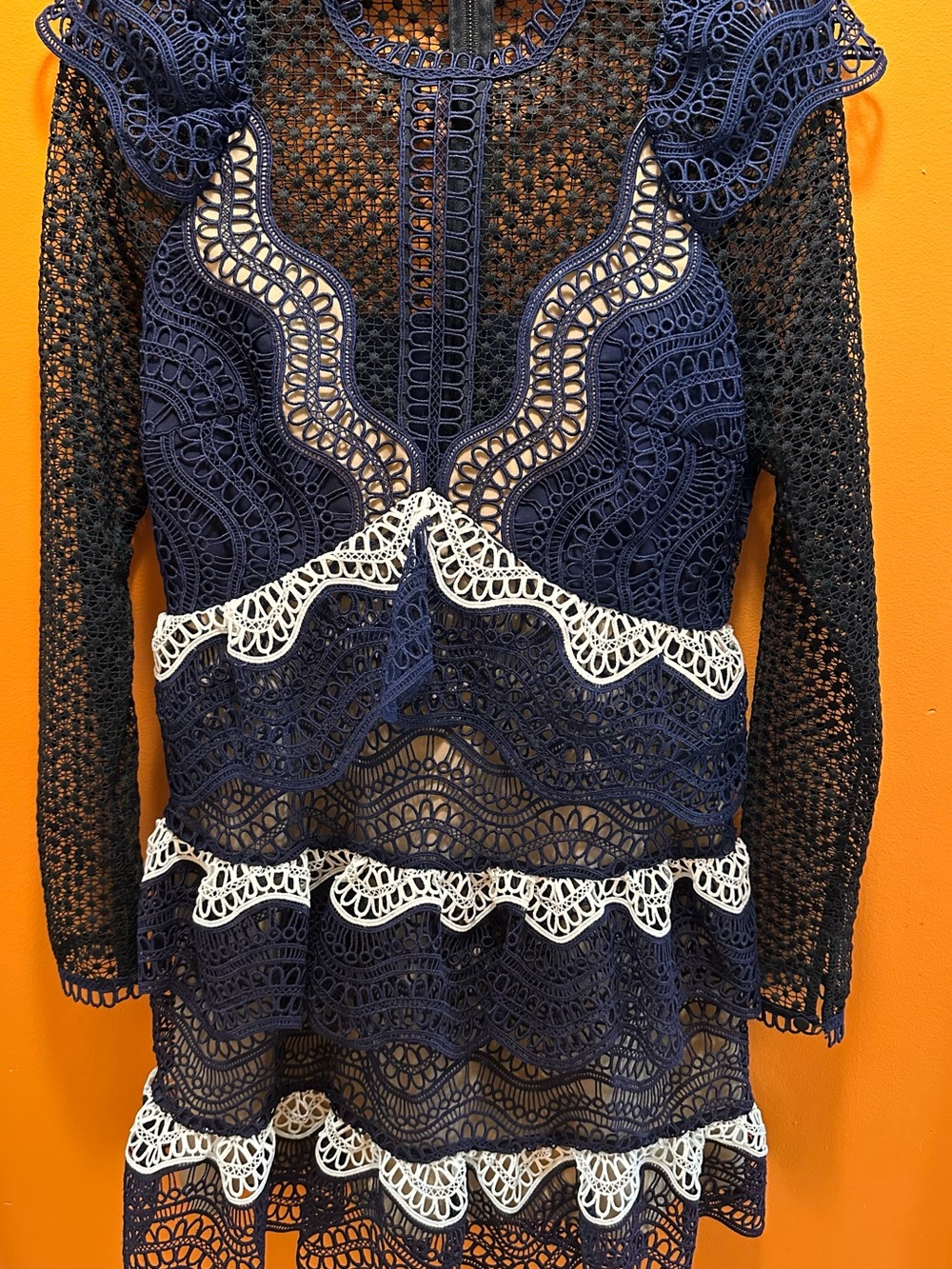 Self-Portrait Navy and White Lace Midi Dress